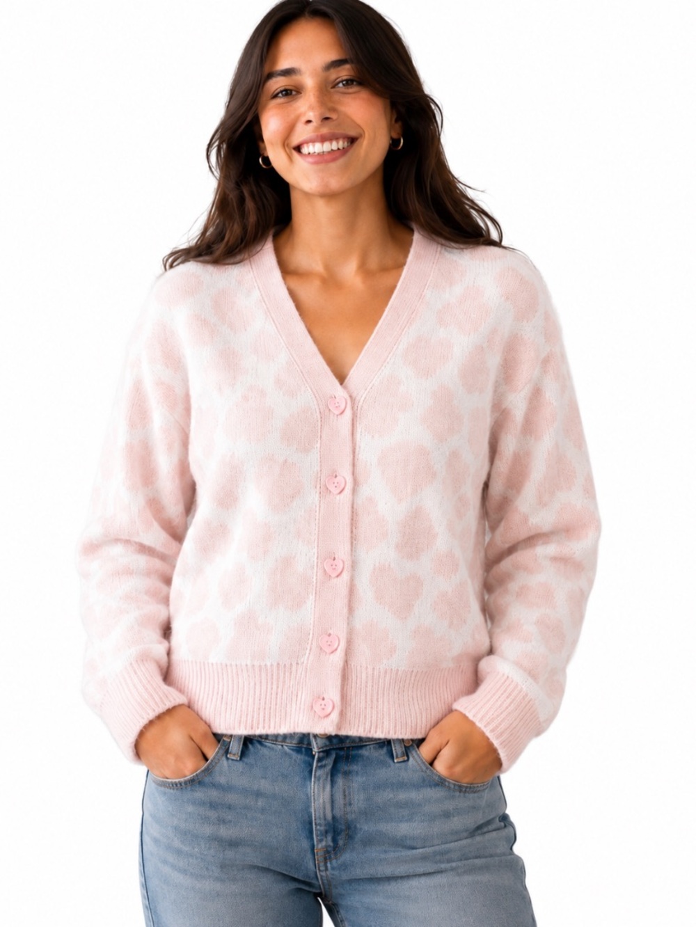 HOT TOPIC Pink & White Cow Print V-Neck Button-Front Cardigan Sweater Size M